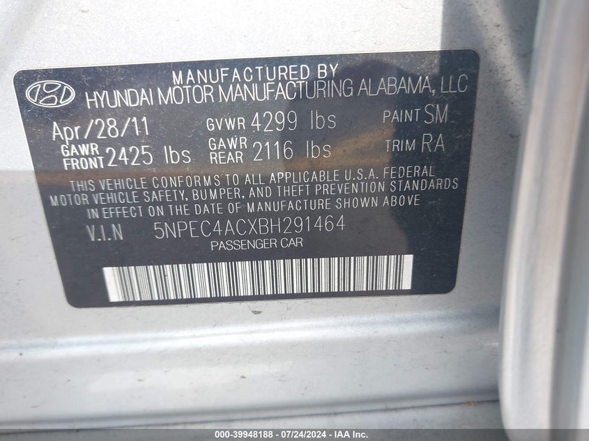 2011 Hyundai Sonata Se VIN: 5NPEC4ACXBH291464 Lot: 39948188