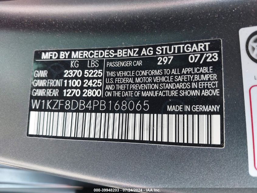 2023 Mercedes-Benz E 350 VIN: W1KZF8DB4PB168065 Lot: 39948203