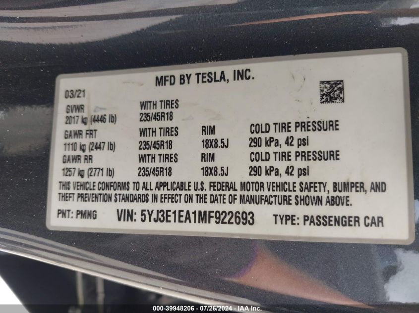 2021 Tesla Model 3 Standard Range Plus Rear-Wheel Drive VIN: 5YJ3E1EA1MF922693 Lot: 39948206