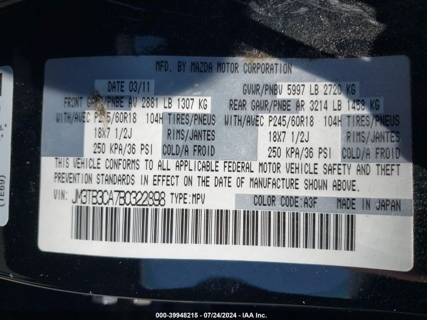 2011 Mazda Cx-9 Touring VIN: JM3TB3CA7B0322898 Lot: 39948215