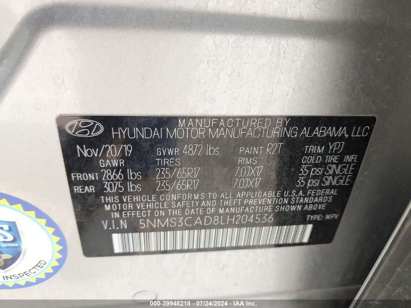 2020 Hyundai Santa Fe Sel VIN: 5NMS3CAD8LH204536 Lot: 39948218