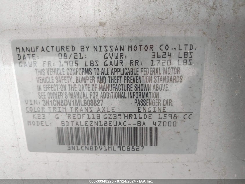 2021 Nissan Versa S Xtronic Cvt VIN: 3N1CN8DV1ML908827 Lot: 39948225