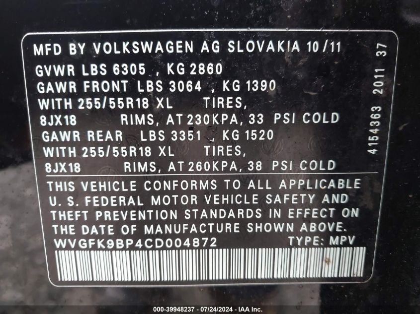 2012 Volkswagen Touareg Tdi Sport VIN: WVGFK9BP4CD004872 Lot: 39948237