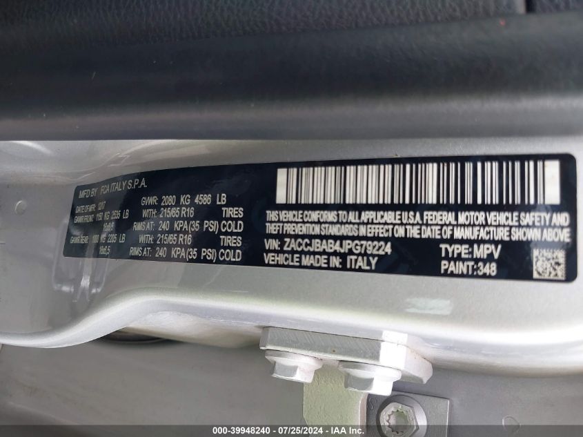 2018 Jeep Renegade Sport VIN: ZACCJBAB4JPG79224 Lot: 39948240