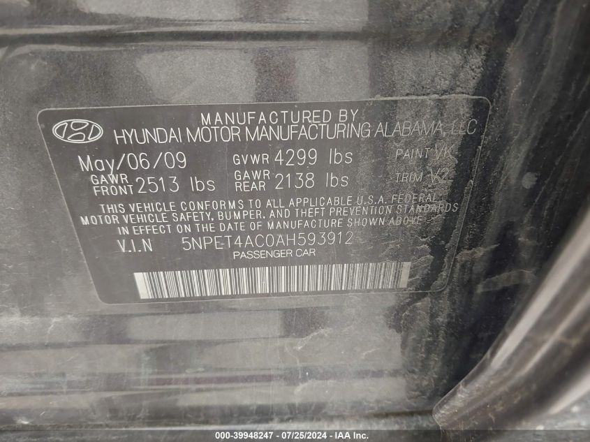 2010 Hyundai Sonata Gls VIN: 5NPET4AC0AH593912 Lot: 39948247