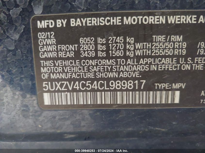 2012 BMW X5 xDrive35I/xDrive35I Premium/xDrive35I Sport Activity VIN: 5UXZV4C54CL989817 Lot: 39948253