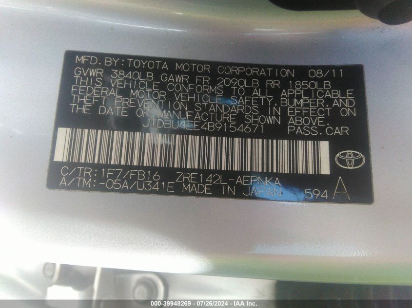 2011 Toyota Corolla Le VIN: JTDBU4EE4B9154671 Lot: 39948269