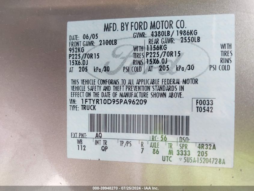 2005 Ford Ranger VIN: 1FTYR10D95PA96209 Lot: 39948270