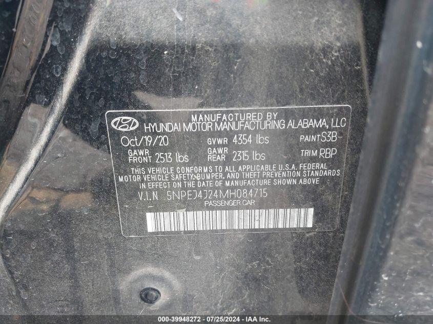 2021 Hyundai Sonata Sel Plus VIN: 5NPEJ4J24MH084715 Lot: 39948272