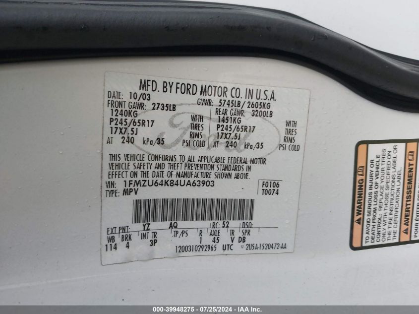 2004 Ford Explorer Eddie Bauer VIN: 1FMZU64K84UA63903 Lot: 39948275