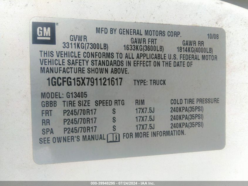 2009 Chevrolet Express 1500 Work Van VIN: 1GCFG15X791121617 Lot: 39948295