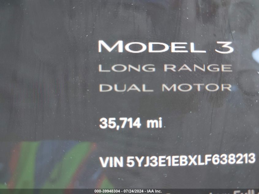 2020 Tesla Model 3 Long Range Dual Motor All-Wheel Drive VIN: 5YJ3E1EBXLF638213 Lot: 39948304