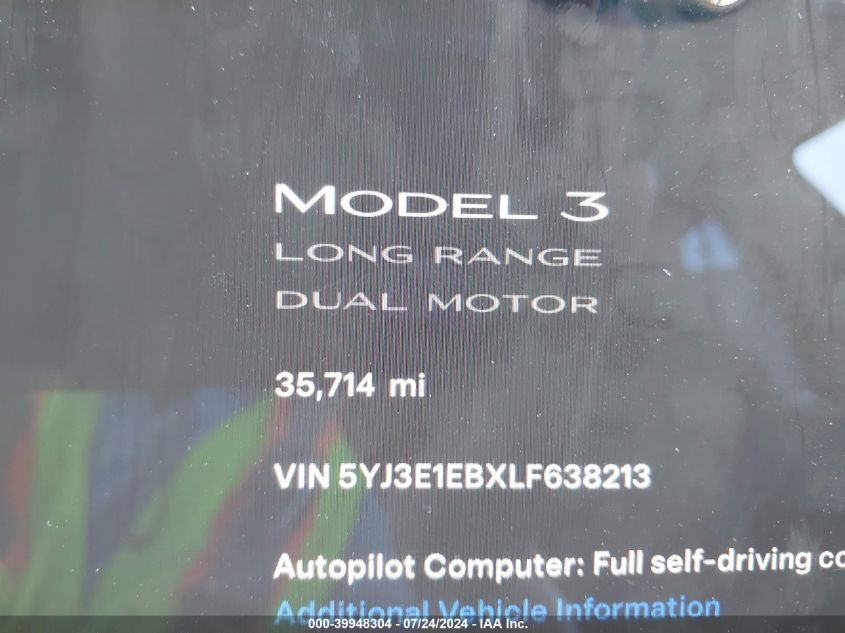 2020 Tesla Model 3 Long Range Dual Motor All-Wheel Drive VIN: 5YJ3E1EBXLF638213 Lot: 39948304