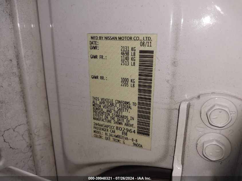 2012 Nissan Maxima 3.5 Sv VIN: 1N4AA5AP1CC802964 Lot: 39948321