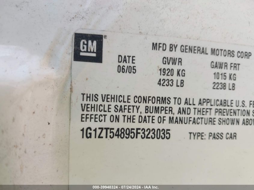 2005 Chevrolet Malibu Ls VIN: 1G1ZT54895F323035 Lot: 39948324