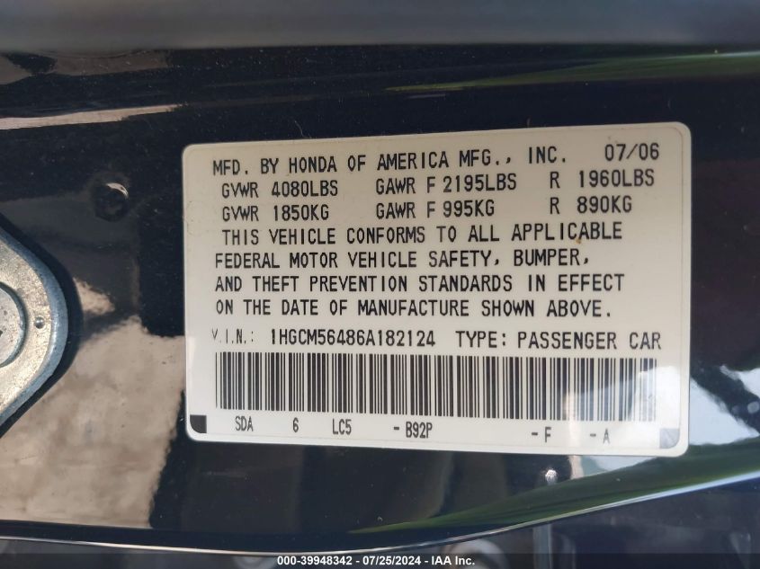 2006 Honda Accord 2.4 Lx VIN: 1HGCM56486A182124 Lot: 39948342