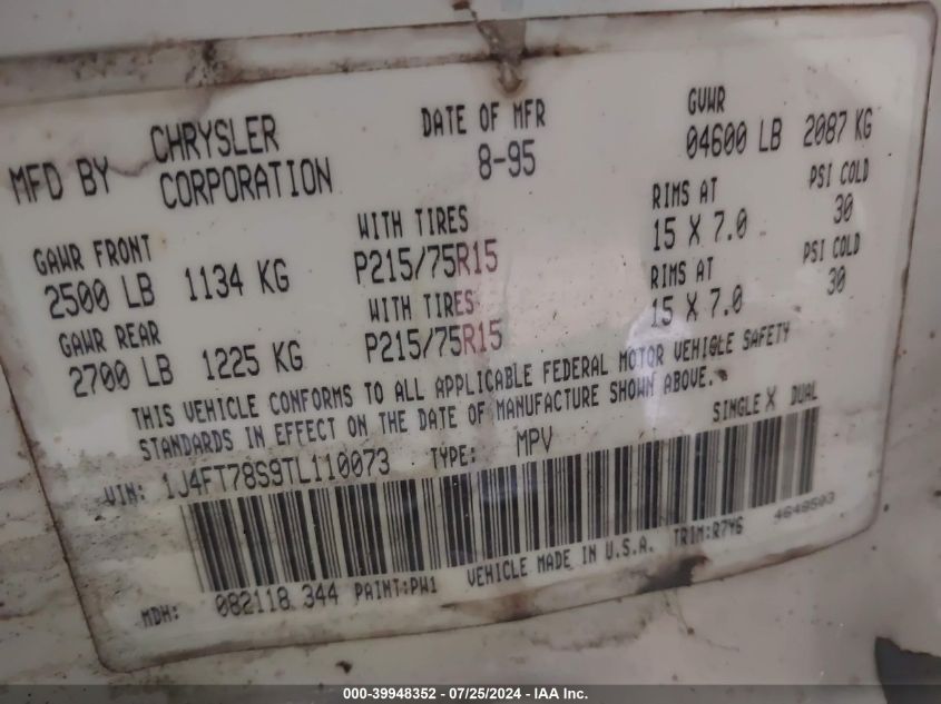 1996 Jeep Cherokee Country VIN: 1J4FT78S9TL110073 Lot: 39948352