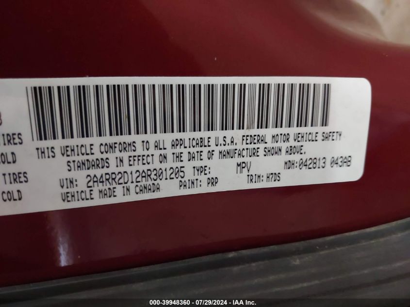 2010 Chrysler Town & Country New Lx VIN: 2A4RR2D12AR301205 Lot: 39948360