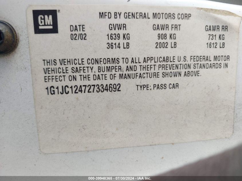 2002 Chevrolet Cavalier VIN: 1G1JC124727334692 Lot: 39948365