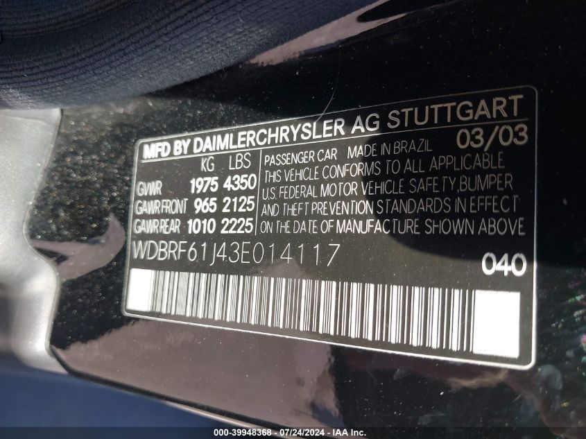 2003 Mercedes-Benz C 240 VIN: WDBRF61J43E014117 Lot: 39948368