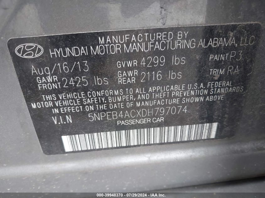 2013 Hyundai Sonata Gls VIN: 5NPEB4ACXDH797074 Lot: 39948370