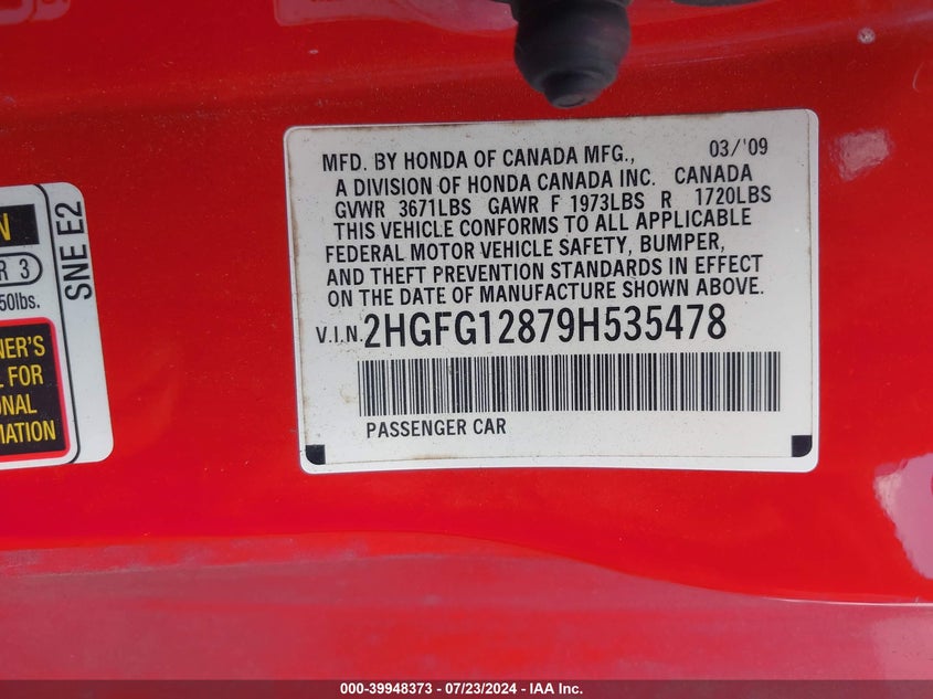 2009 Honda Civic Ex VIN: 2HGFG12879H535478 Lot: 39948373