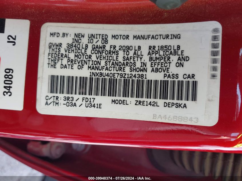 2009 Toyota Corolla Le/S/Xle VIN: 1NXBU40E79Z124381 Lot: 39948374