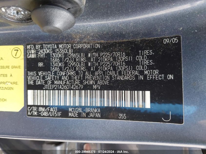 2006 Toyota Highlander VIN: JTEEP21A260142679 Lot: 39948375