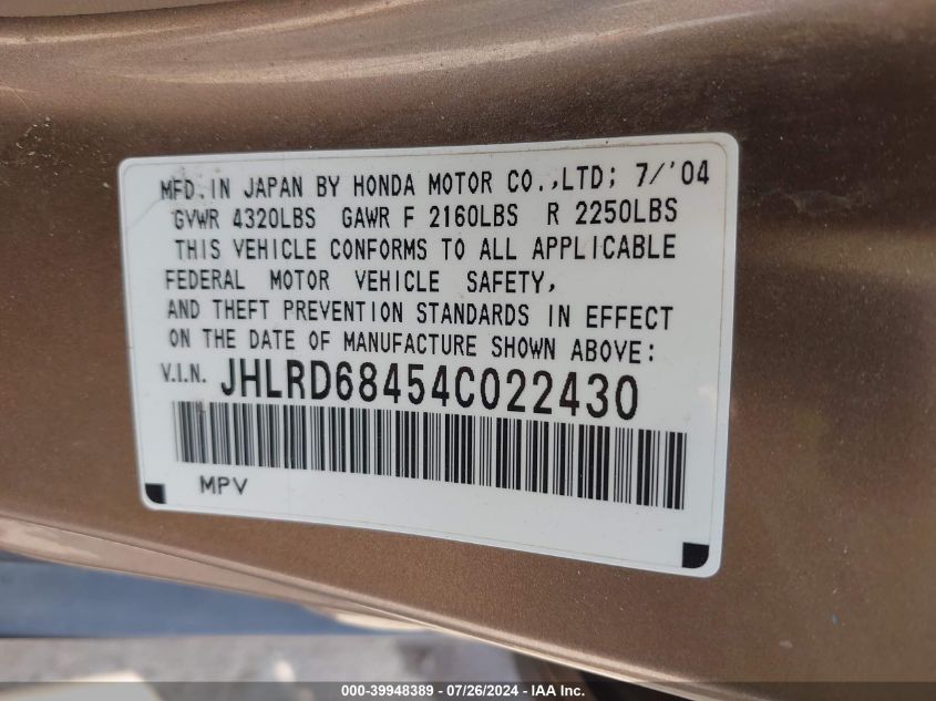 2004 Honda Cr-V Lx VIN: JHLRD68454C022430 Lot: 39948389