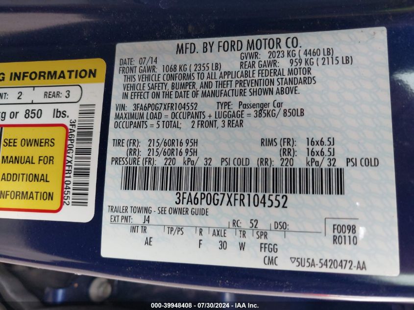 2015 FORD FUSION S - 3FA6P0G7XFR104552