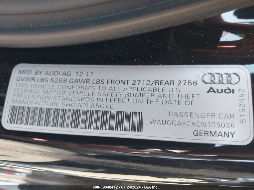 2012 Audi A6 3.0 Premium VIN: WAUGGAFCXCN105036 Lot: 39948412