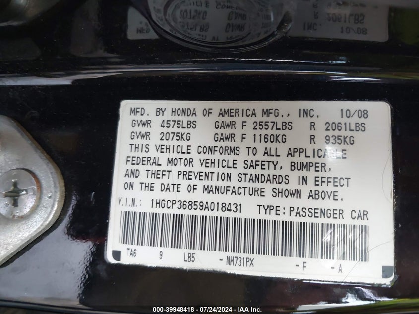 2009 Honda Accord 3.5 Ex-L VIN: 1HGCP36859A018431 Lot: 39948418