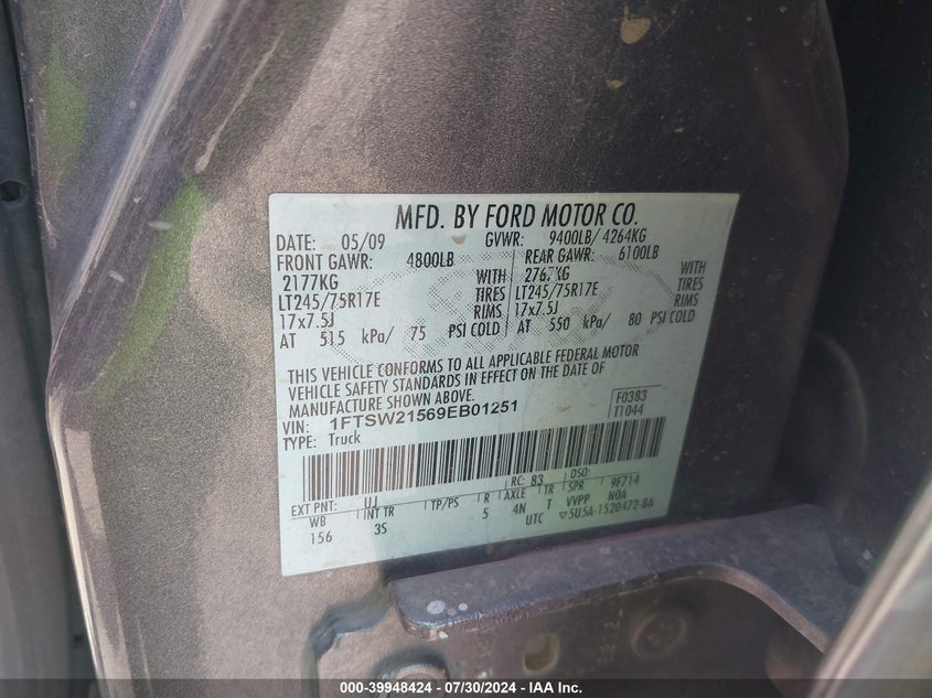 2009 Ford F-250 Fx4/King Ranch/Lariat/Xl/Xlt VIN: 1FTSW21569EB01251 Lot: 39948424