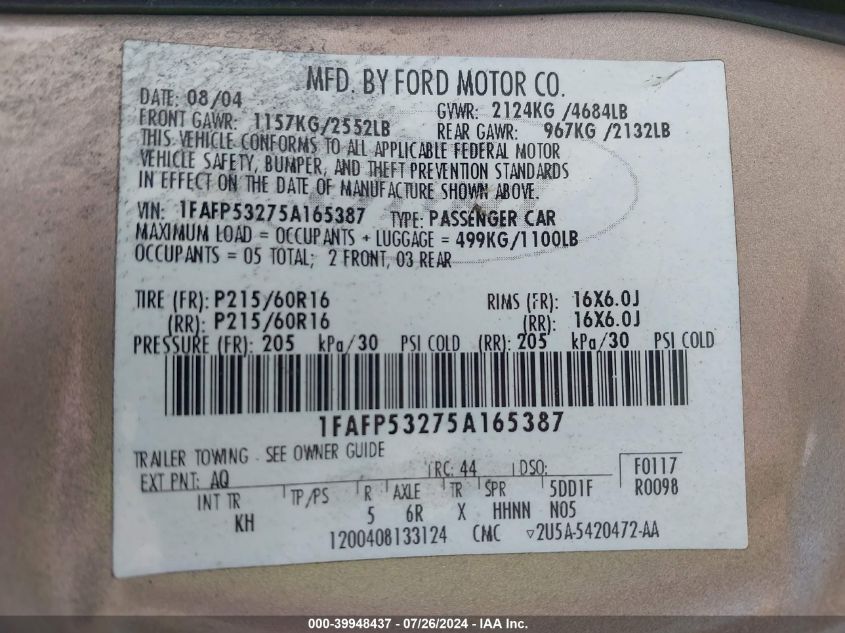 2005 Ford Taurus Se VIN: 1FAFP53275A165387 Lot: 39948437