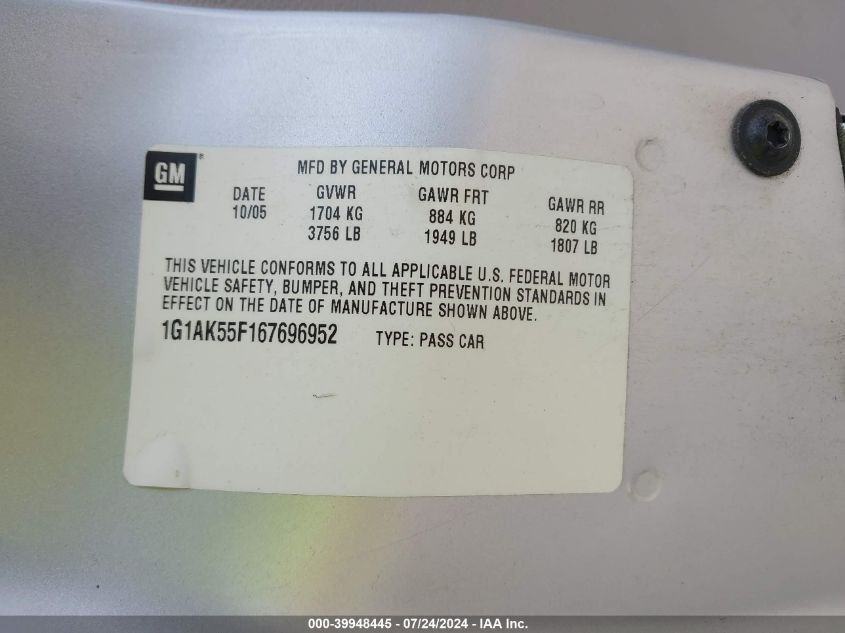 2006 Chevrolet Cobalt Ls VIN: 1G1AK55F167696952 Lot: 39948445