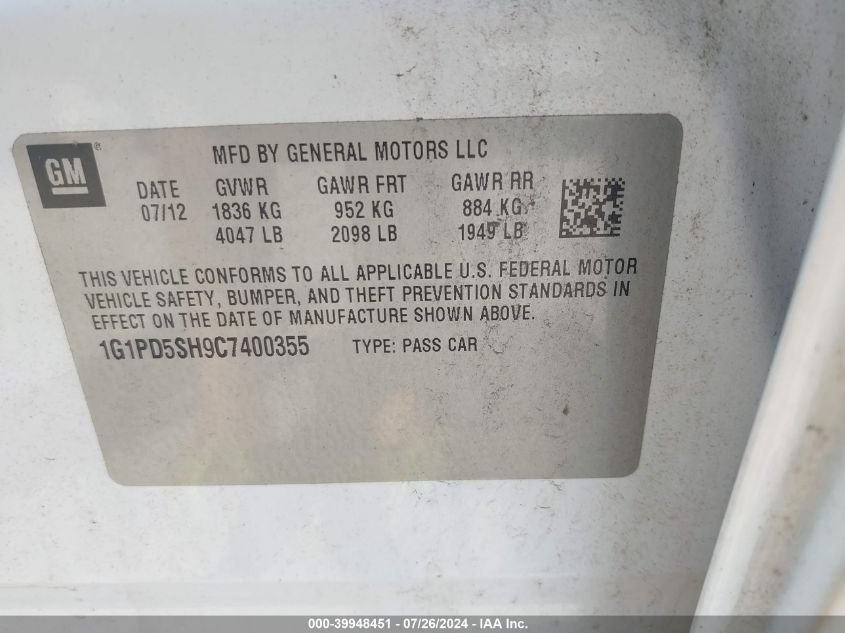 2012 Chevrolet Cruze Ls VIN: 1G1PD5SH9C7400355 Lot: 39948451