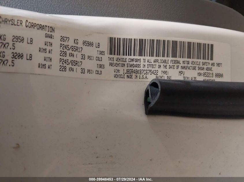 2007 Jeep Grand Cherokee Laredo VIN: 1J8GR48K87C675422 Lot: 39948453