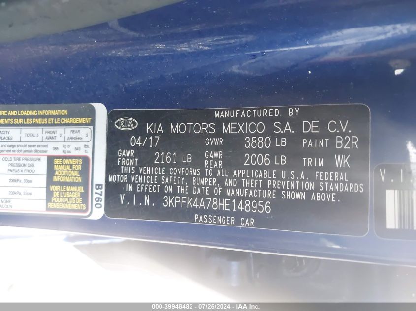 2017 Kia Forte Lx VIN: 3KPFK4A78HE148956 Lot: 39948482