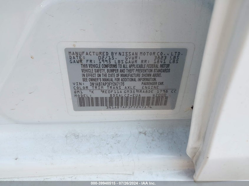 2015 Nissan Sentra Fe+ S/S/Sl/Sr/Sv VIN: 3N1AB7AP3FY247176 Lot: 39948515