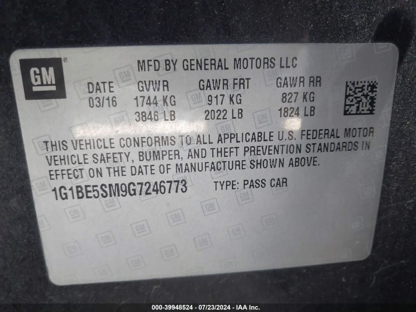 2016 Chevrolet Cruze Lt Auto VIN: 1G1BE5SM9G7246773 Lot: 39948524