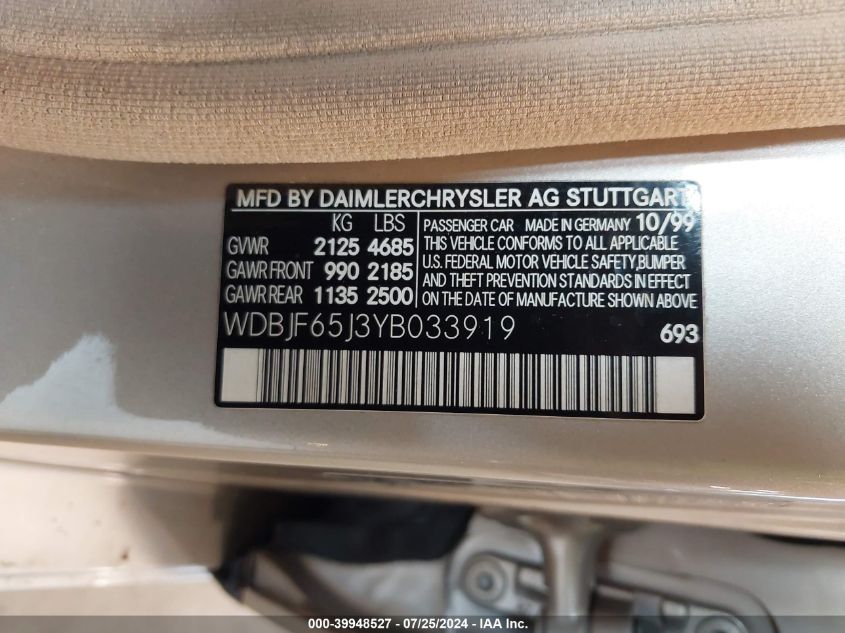 2000 Mercedes-Benz E 320 VIN: WDBJF65J3YB033919 Lot: 39948527