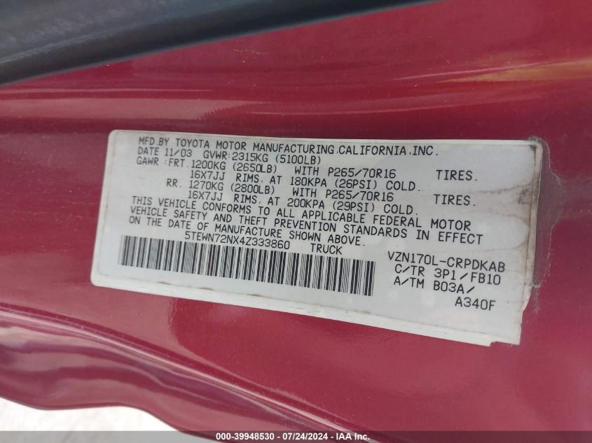 2004 Toyota Tacoma Xtracab VIN: 5TEWN72NX4Z333860 Lot: 39948530