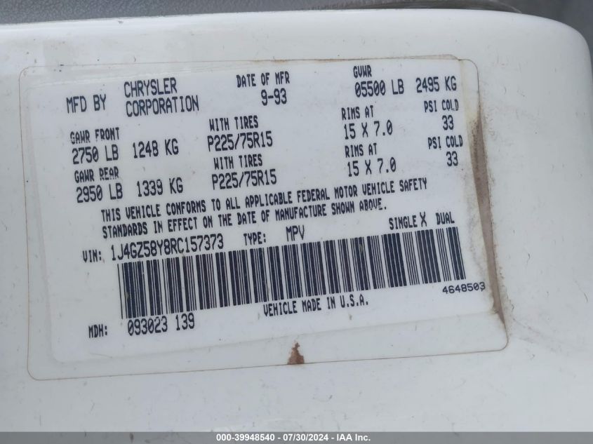1994 Jeep Grand Cherokee Laredo VIN: 1J4GZ58Y8RC157373 Lot: 39948540