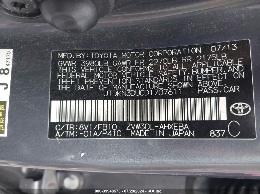 2013 Toyota Prius Five/Four/Three/Three Se/Two VIN: JTDKN3DU0D1707611 Lot: 39948573