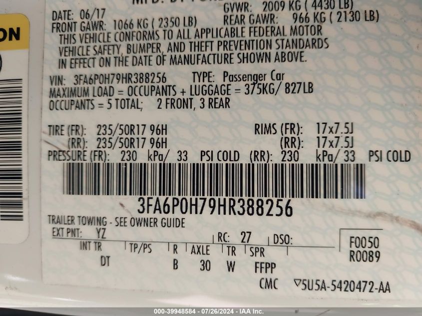 2017 Ford Fusion Se VIN: 3FA6P0H79HR388256 Lot: 39948584
