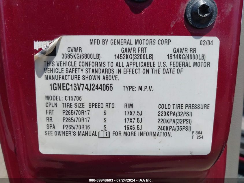 2004 Chevrolet Tahoe Ls VIN: 1GNEC13V74J244066 Lot: 39948603