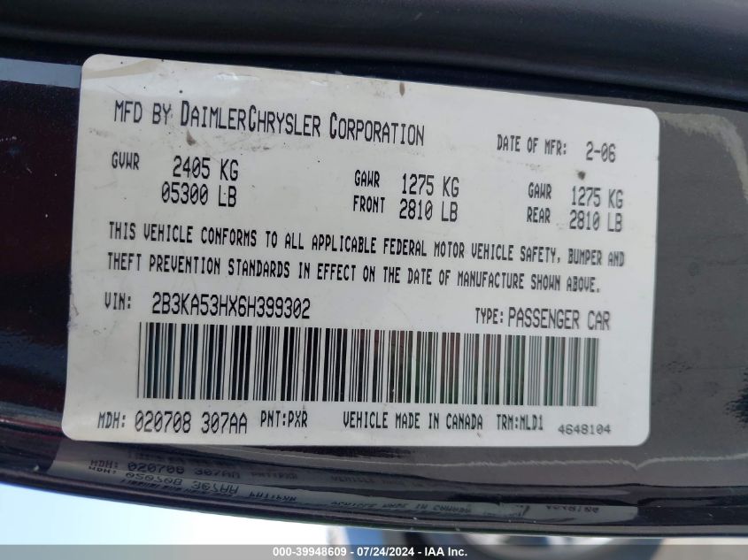 2006 Dodge Charger Rt VIN: 2B3KA53HX6H399302 Lot: 39948609