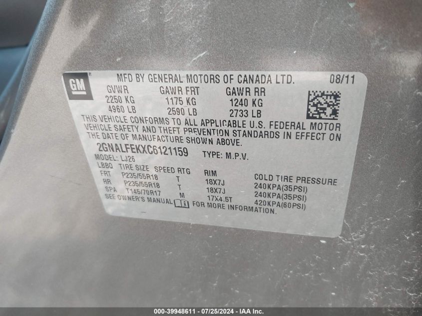 2012 Chevrolet Equinox Ltz VIN: 2GNALFEKXC6121159 Lot: 39948611