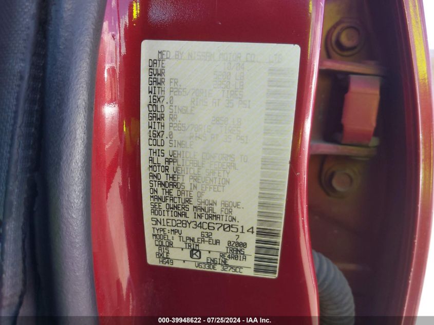 2004 Nissan Xterra Xe VIN: 5N1ED28Y34C670514 Lot: 39948622