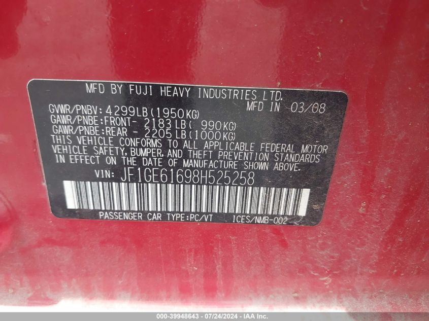 2008 Subaru Impreza 2.5I VIN: JF1GE61698H525258 Lot: 39948643